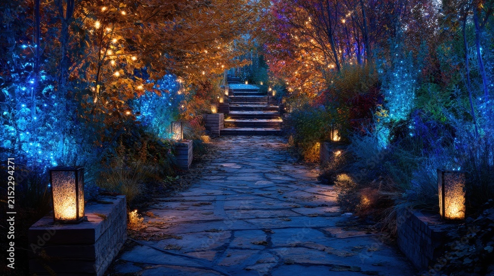 Fototapeta premium Garden path with stone steps illuminated by blue string lights and warm lanterns at night. Magical park landscape with glowing autumn trees and fairy lighting. Enchanting atmosphere.