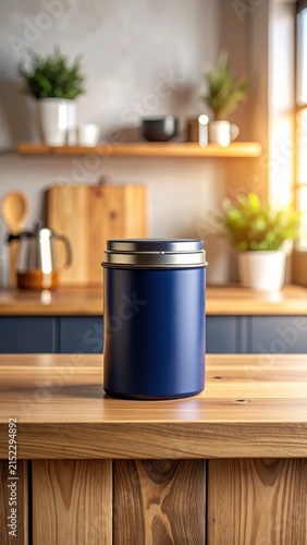 Blue vacuum insulated food jar sitting on wooden kitchen counter, sustainable meal prep, lunch container, durable stainless steel canister, eco friendly storage