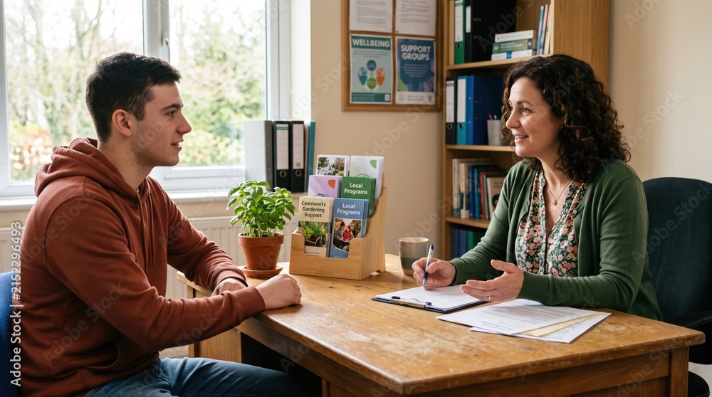 Fototapeta premium Social prescriber discussing community gardening options with young man at desk