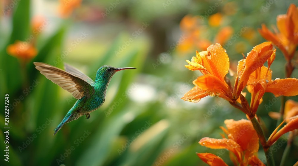 Fototapeta premium Hummingbird hovering near bright orange flower. Small bird wings in flight feeding on nectar in tropical garden. Wildlife nature photography showing biodiversity and summer ecosystem.