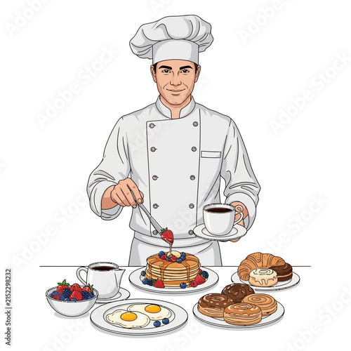 Chef preparing delicious breakfast spread with pancakes, croissants, coffee, and fried eggs, isolated on transparent background