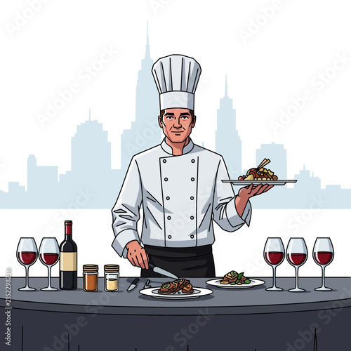 Chef Presenting Exquisite Dishes with Wine and Spices, Cityscape Background