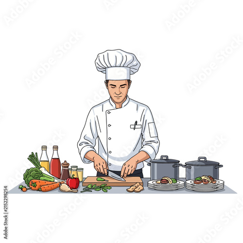 Chef preparing food in kitchen, cutting vegetables on cutting board with ingredients and pots in background, isolated
