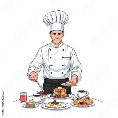 Chef Serving Breakfast Food Pancakes Coffee Croissants Eggs Isolated Transparent Background