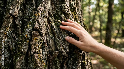 A person touching the rough textured bark of an old tree in a forest.