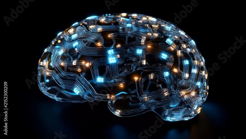 A digital brain with glowing blue circuit lines, symbolizing artificial intelligence and the power of technology