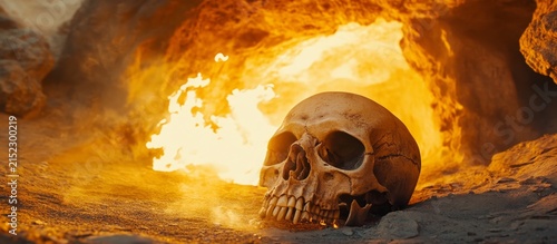 A skull lying on the ground in front of an open cave, with fire coming out