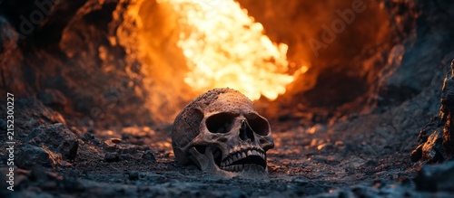A skull lying on the ground in front of an open cave, with fire coming out