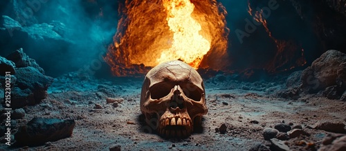 A skull lying on the ground in front of an open cave, with fire coming out