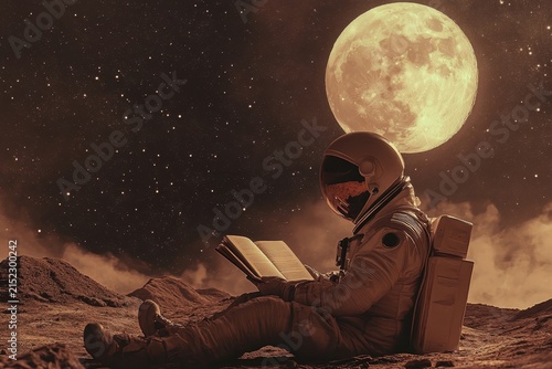 A spaceman sitting on the ground reading a book, with a full moon in the sky and a dark orange and light beige background, against a starry night sky