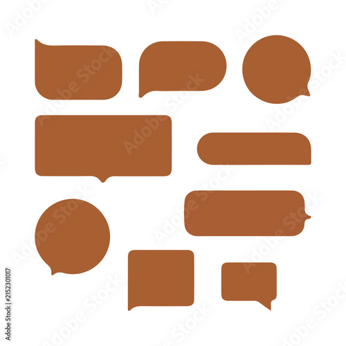 Collection of brown speech bubbles and chat boxes in various shapes and sizes provides versatile communication elements for ui design messaging apps and social media graphics on white background.