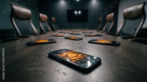 Smartphones scattered across conference table with simultaneous amber warning