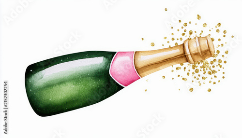 Champagne bottle illustration, green glass, gold foil, sparkle, watercolor art with festive celebration style