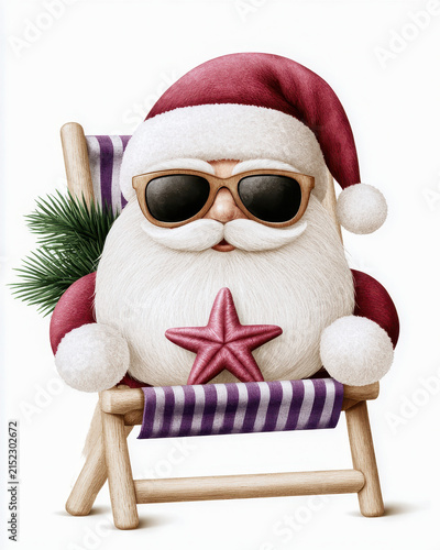 Santa, chair, sunglasses, starfish, beach, Christmas gnome with festive hat on white background, summer holiday art