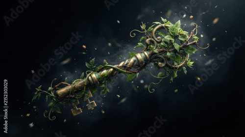 Vintage ornamental skeleton key entwined with green vines and leaves