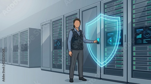 Tech worker guarding server rack with glowing shield security concept
