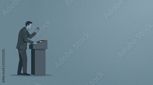 Podium speaker addressing empty void in minimalist civic meeting concept