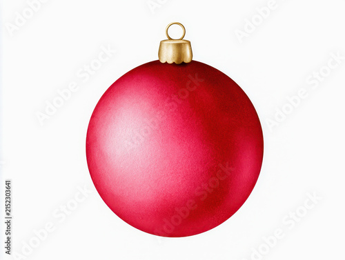 Red christmas ball ornament, hand drawn texture, gold cap on white background, festive holiday decoration