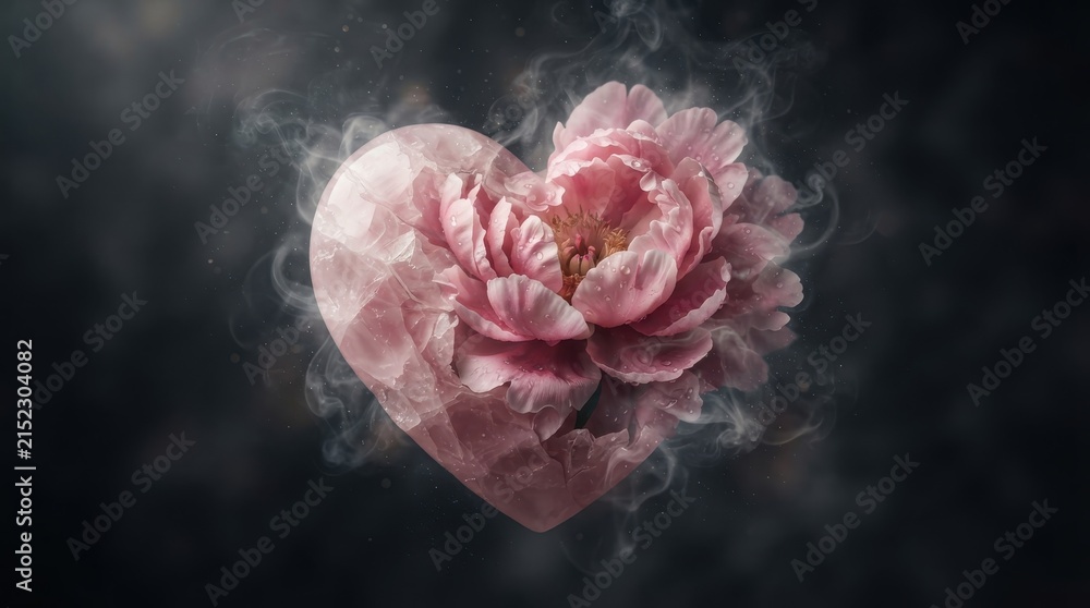 Fototapeta premium Pink flower inside a heart shape with smoke