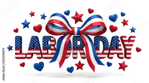 Happy Labor Day decorative text with ribbons and patriotic hearts