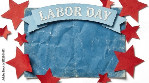 Labor Day blue paper banner with red paper stars on white background