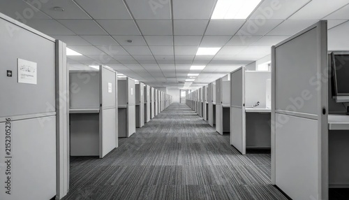 Long row of empty white office cubicles in workspace.