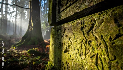 Close up of mossy rock with ancient forest carvings.