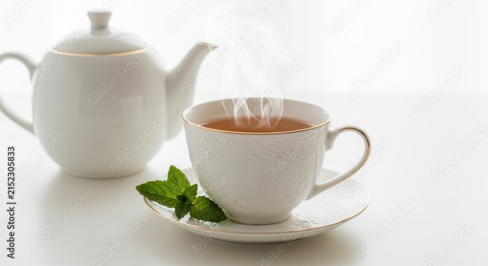 Fototapeta premium A steaming porcelain cup filled with freshly brewed herbal mint tea rests beside a matching teapot as aromatic vapors gently rise into the air creating a peaceful morning beverage serving ritual