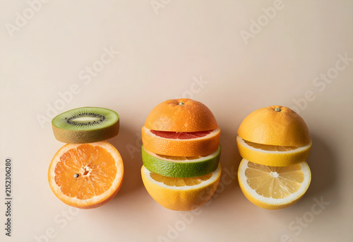 Stacked citrus fruit slices and kiwi on a light background, healthy eating and vitamin c