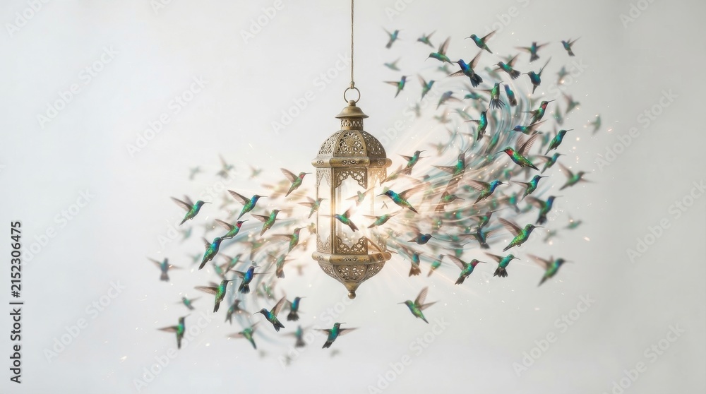 Obraz premium Hummingbirds flying around an ornate glowing metal lantern