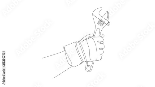 animated continuous line drawing of a gloved hand holding an adjustable wrench, repair, construction and plumbing concepts, line art animation