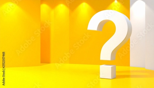 Large White Question Mark in Bright Yellow Room with Spotlights and Shadows Symbolizing Curiosity, Inquiry, Mystery, and Uncertainty in a Bold Conceptual Visual Illustration