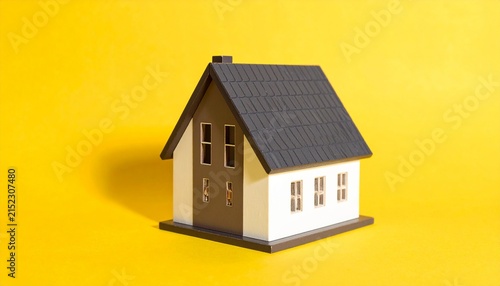 Model House with Dark Gray Roof and White Walls Against Bright Yellow Background Symbolizing Residential Architecture, Real Estate Concept, Home Design, and Modern Property Illustration