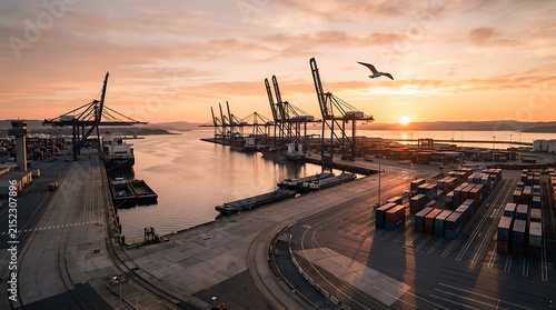 Industrial cargo port terminal at sunrise with shipping cranes and containers.