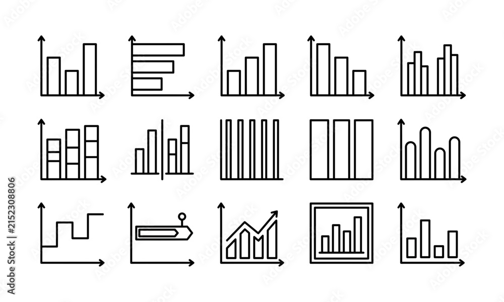 Obraz premium Set of fifteen different bar chart and graph line art icons