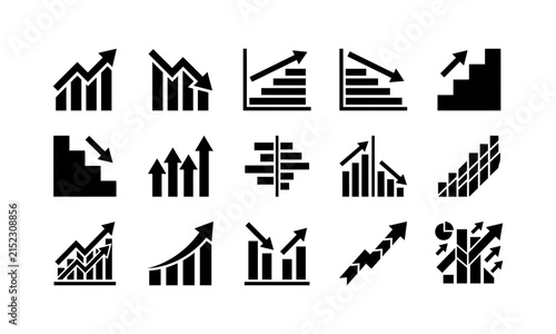Set of black business growth and decline bar chart icon symbols