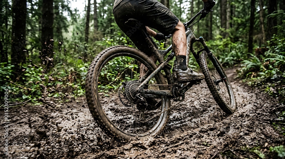 Fototapeta premium Mountain biker riding through a muddy forest trail.