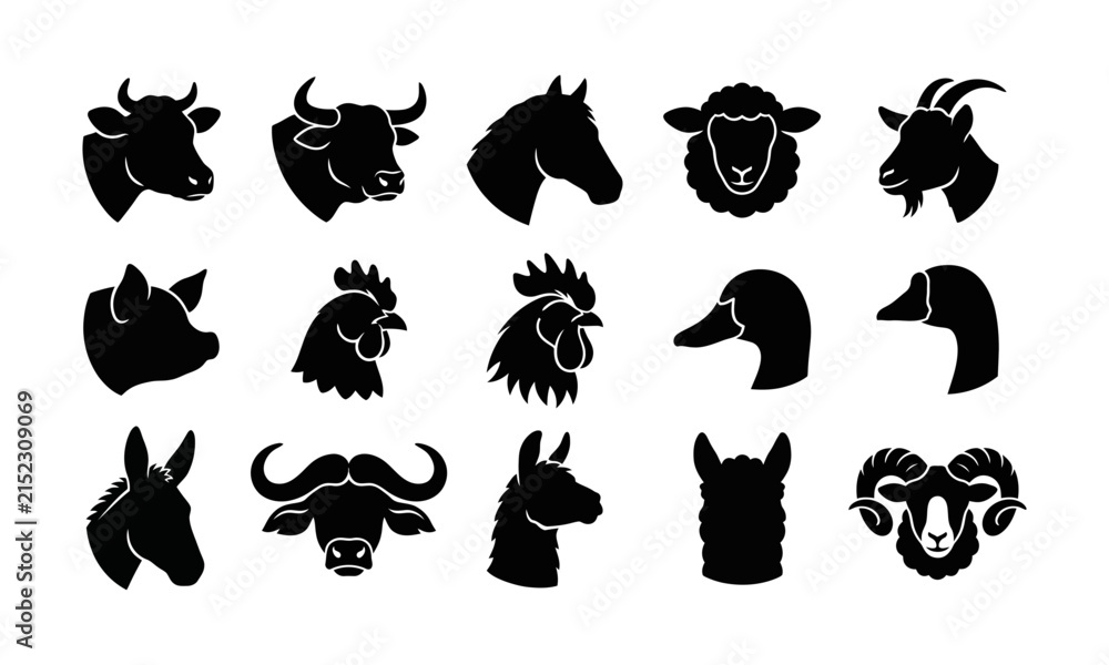 Naklejka premium Set of black silhouette icons representing various farm animals and livestock