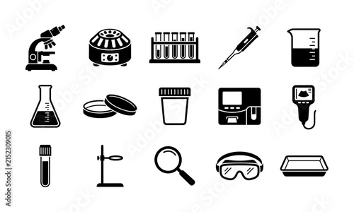 Set of black and white medical laboratory equipment and research icons