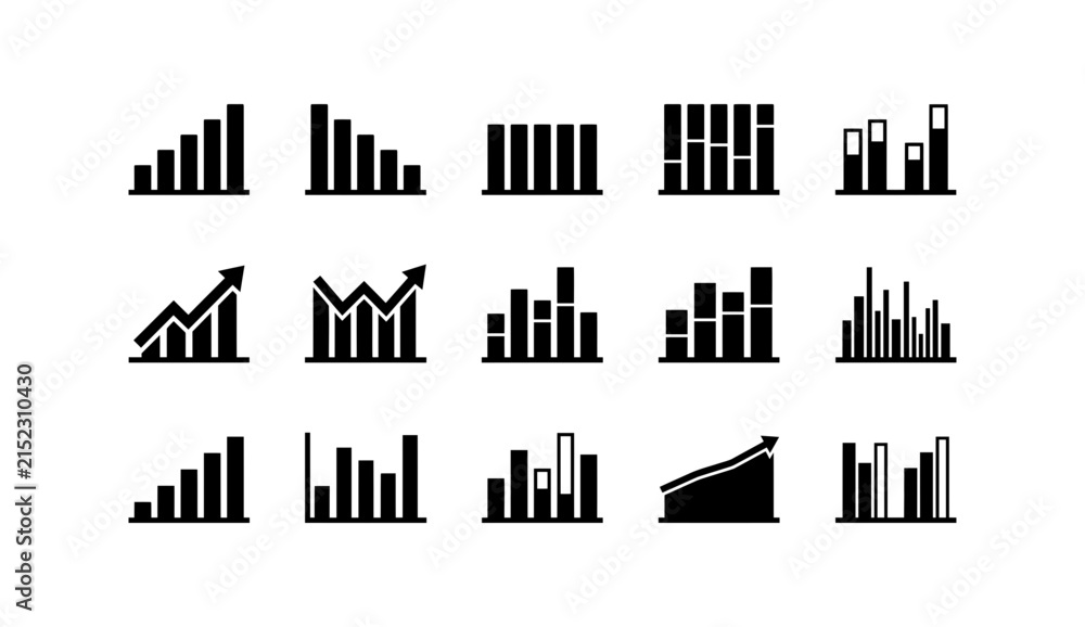 Obraz premium Set of various black bar chart and business growth graph icons on white background