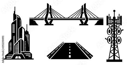Set of infrastructure icons including skyscraper, cablestayed bridge, road, and telecommunication tower