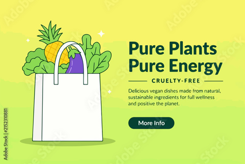 White Shopping Bag Filled with Fresh Vegetables and Fruits Including Pineapple, Eggplant, and Leafy Greens on a Yellow Background