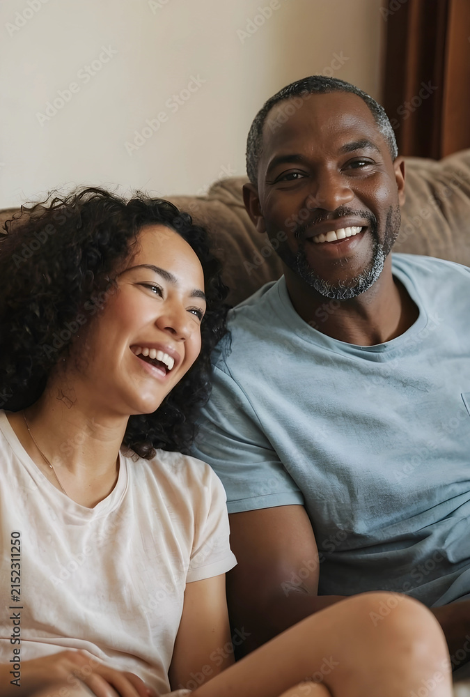 Obraz premium Happy diverse couple laughing together on a comfortable sofa at home, joy, connection, and domestic life