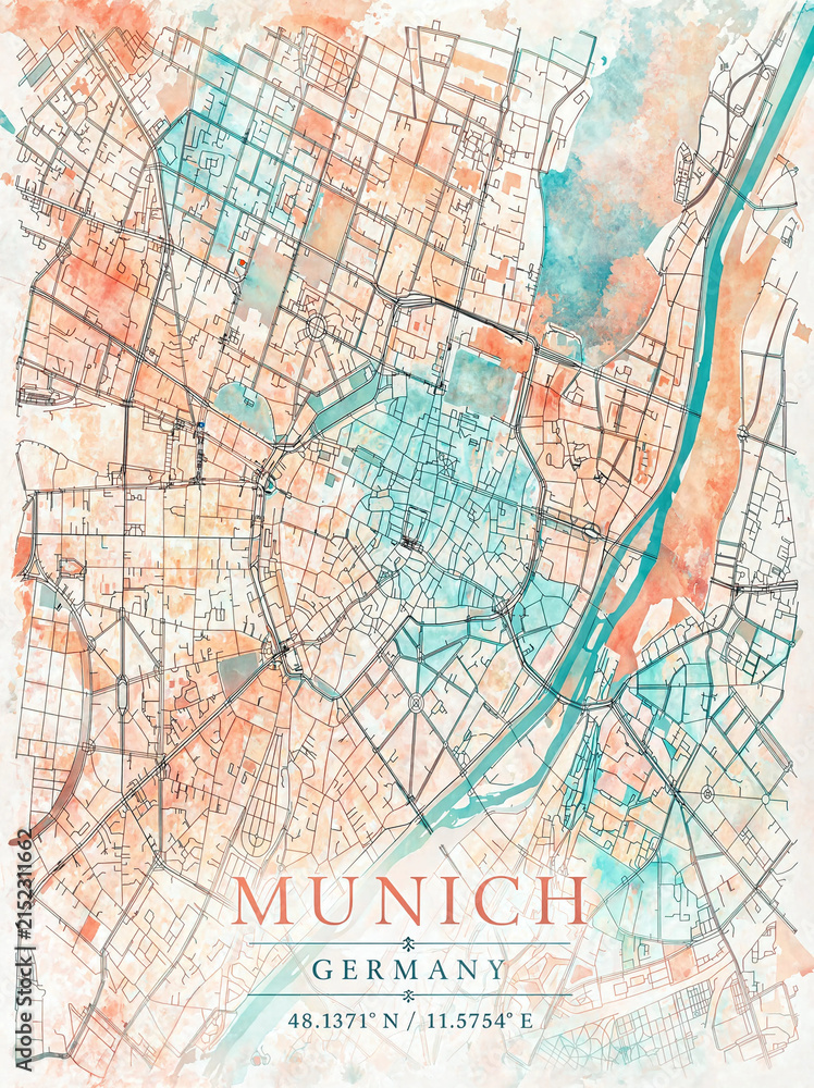 Naklejka premium Munich City Map Poster in Watercolor Style, Soft Hand Painted Wall Art Print of Munich, Germany