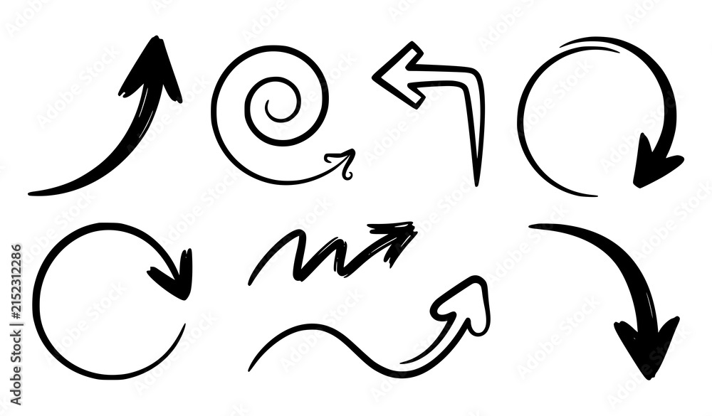 Naklejka premium Curved Hand Drawn Arrow Pointer Collection Dynamic Direction and Navigation Vector Icons