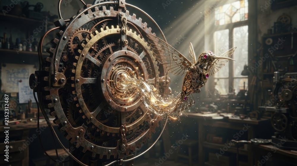 Fototapeta premium Steampunk mechanical hummingbird emerging from antique clockwork gears