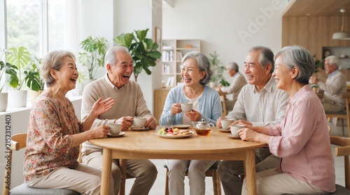 Group of Joyful Seniors Enjoying Tea and Snacks Together in a Cozy Bright Room with Plants and Natural Light for Community and Connection