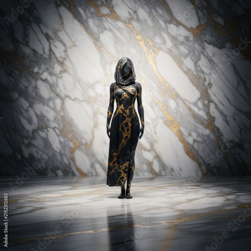 Elegant Abstract Humanoid Figure Adorned with Gold Streaks on a Dramatic Marble Texture Background