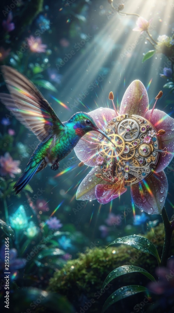 Fototapeta premium Hummingbird with clockwork mechanism in exotic flower