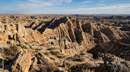 Expansive Arid Badlands Sculpted by Wind and Water into Dramatic Rocky Formations Under a Blue Sky